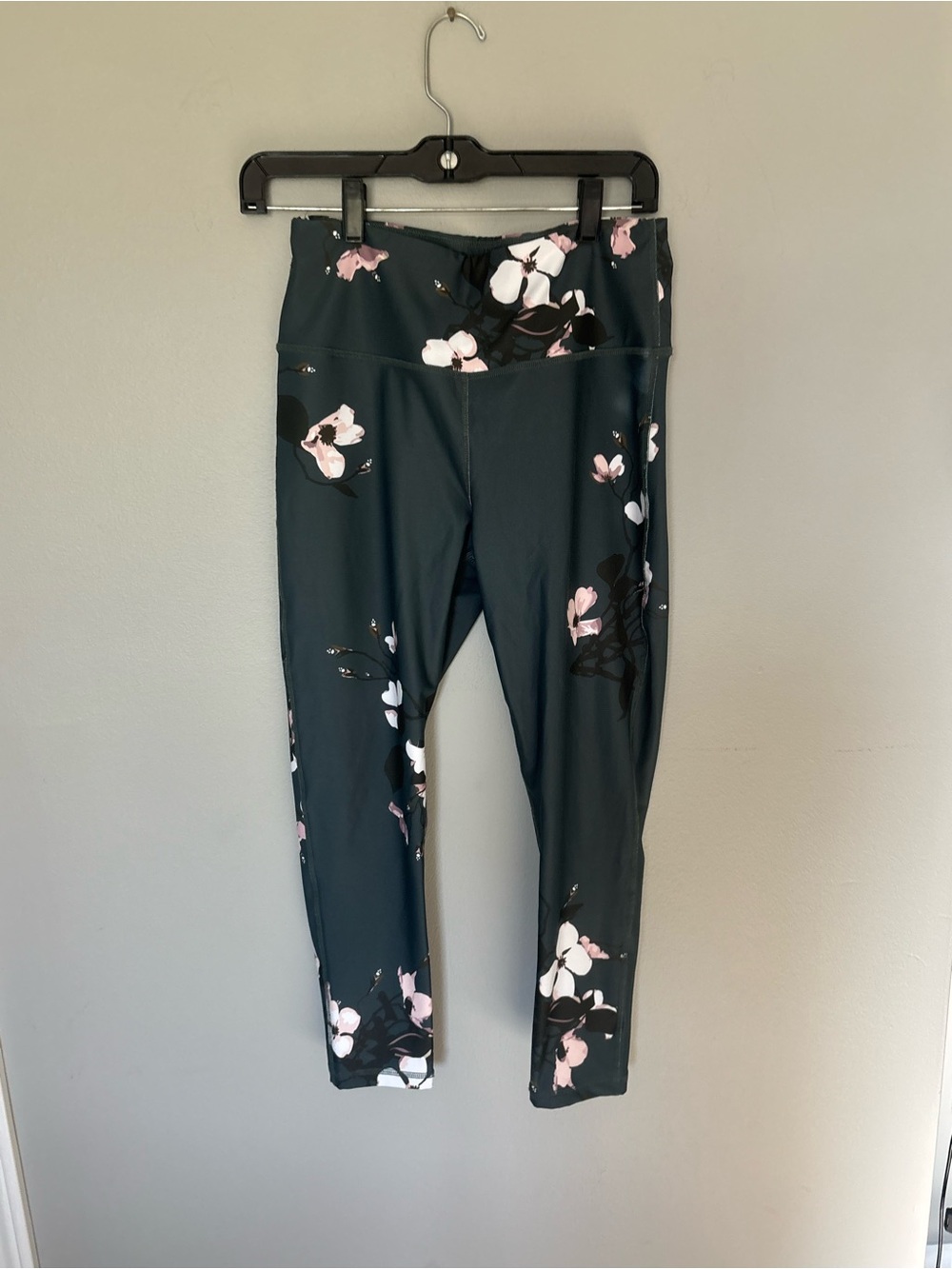Albion Dark Teal Floral Leggings with Pink and White Blooms medium